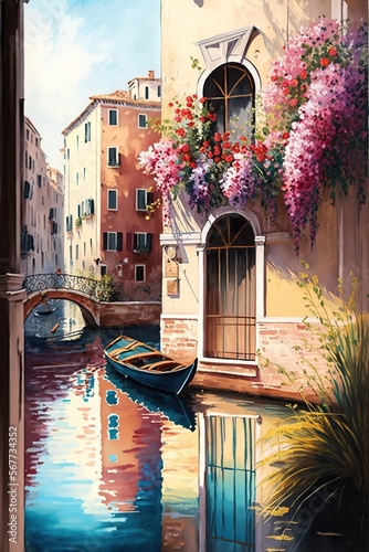 Oil painting of Amazing view of beautiful Venice, Italy. Narrow water canal with boats moored between old colorful buildings and bridge, Northern Italy. Typical Venetian view, Generative AI