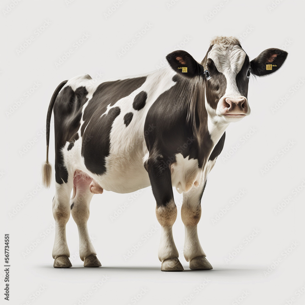 Stehende Kuh auf weißem Hintergrund isoliert (erstellt durch KI-Tool)