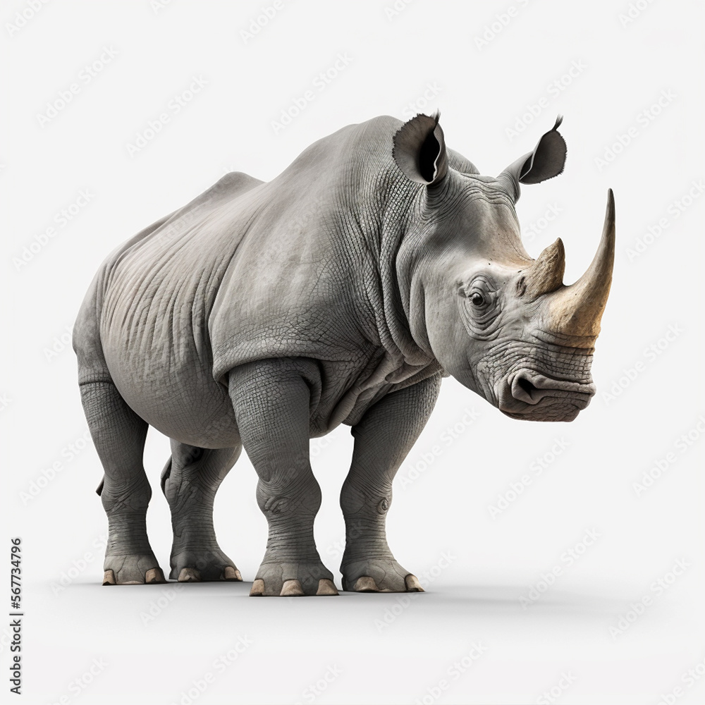 Obraz premium Großes Nashorn auf weißem Hintergrund isoliert (erstellt durch KI-Tool)