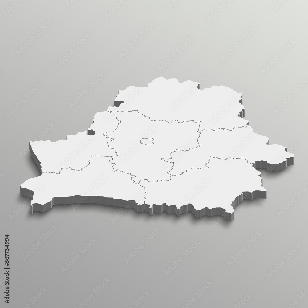 Fully editable 3d isometric white Belarus map with States or province in white isolated background.
