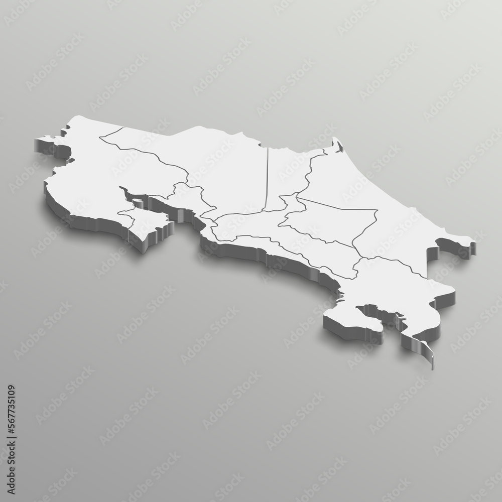 Fully editable 3d isometric white Costa Rica map with States or province in white isolated background.