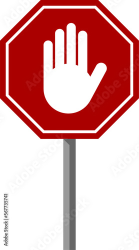 Red Stop Hand Block Octagon Traffic Style Sign or Adblock or Do Not Enter or Forbidden Icon . Vector Image.