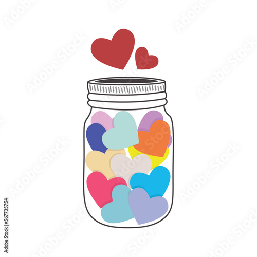 Vector illustration of colored heart sign in a glass jar. For romantic print, valentine's day card.