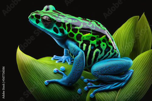 Leinwand Poster black and blue colored frog sitting on a jungle leaf isolated on black backgroun