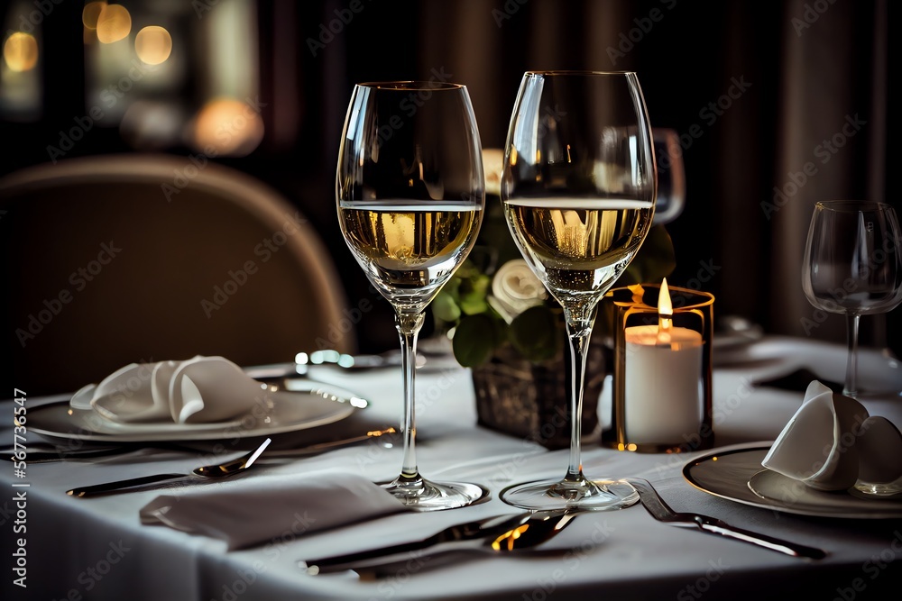 A table in a restaurant has glasses of champagne or white wine arranged on it. Generative AI - obrazy, fototapety, plakaty 