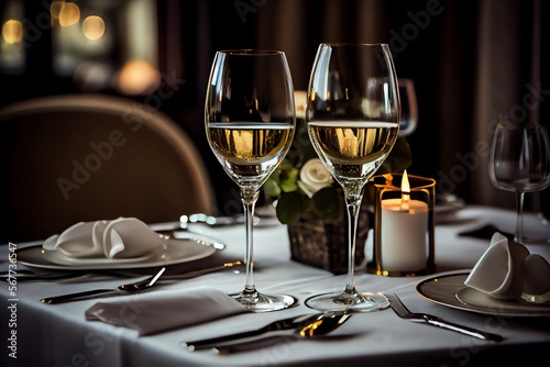 A table in a restaurant has glasses of champagne or white wine arranged on it. Generative AI