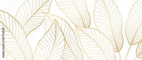 Luxury golden nature vector background. Botanical leafy pattern, with golden tropical leaves, philodendron with plant lines, monstera. For printing, packaging, decor, fabric.