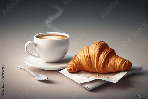 A white cup of espresso coffee with a croissant. Generative AI