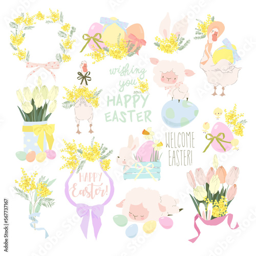Easter Set with Cute White Bunnies, Gooses, Sheeps and Easter Eggs