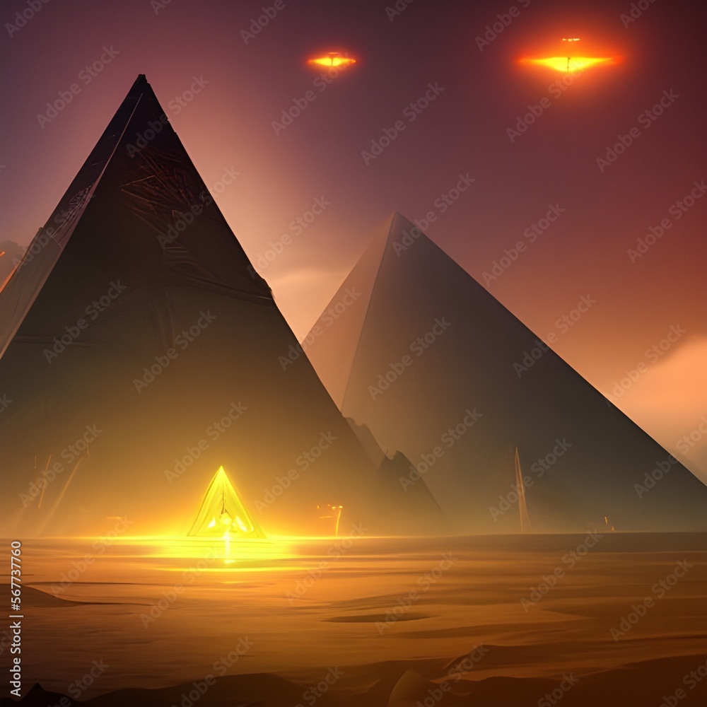 Alien spacecrafts flying over pyramids, created with generative AI tools