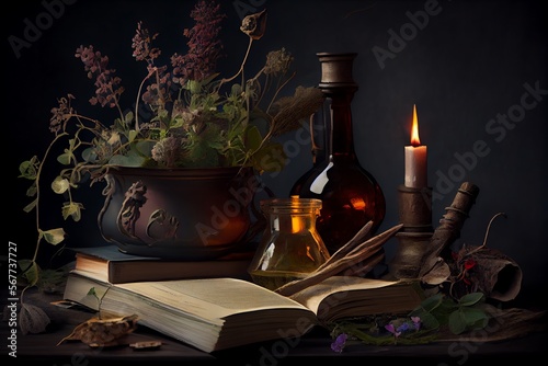 Witchcraft Scene with Herbs, Flowers, Books, and Mysterious Light. Generative AI