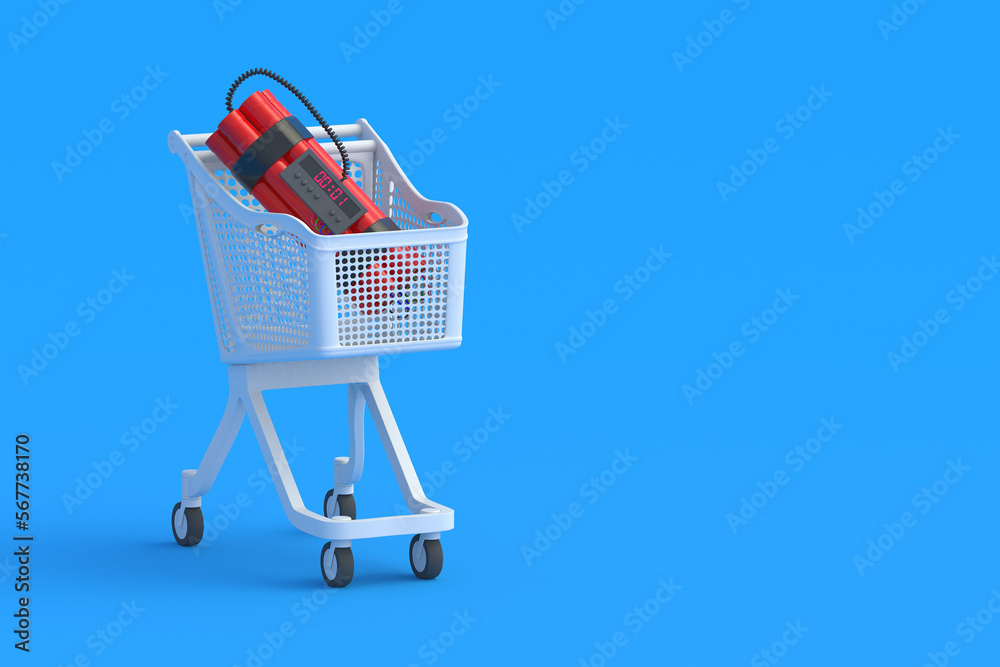 Dynamite in market cart. Copy space. 3d render