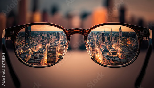 Clear cityscape focused in glasses lenses. 