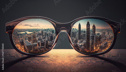 Clear cityscape focused in glasses lenses. 