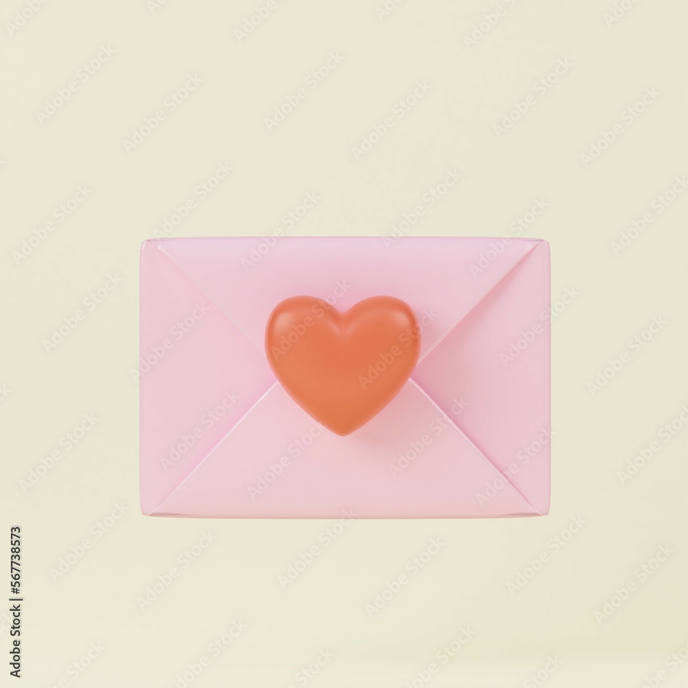 3d render icon envelope letter, mail letter with red heart. Realistic Elements for romantic design. Isolated object on white background