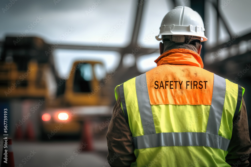 A worker or signaler man is wearied reflective vest uniform with background of construction site, Safety in industrial workplace concept. Generative Ai image. A worker or signaler man is wearied reflective vest uniform with background of construction site, Safety in industrial workplace concept. Generative Ai image.
