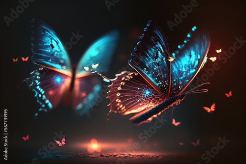 a couple of blue butterflies flying through a dark sky