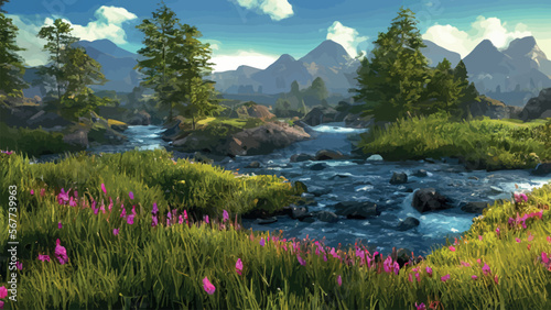 Mountain valley with lake, forest, coniferous trees, and sun in sky. Vector cartoon illustration of summer landscape with tropical trees
