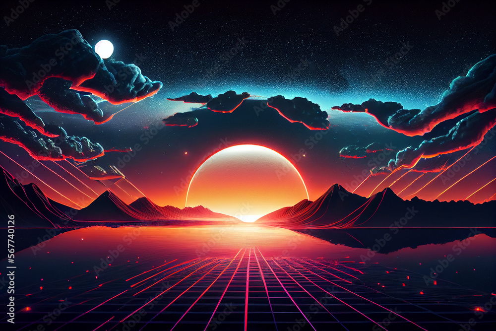 a digital painting of a sunset with mountains in the background synthwave