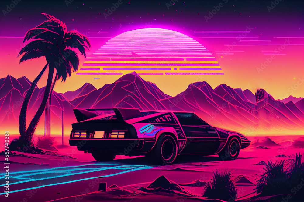 A car in front of a sunset with mountains in the background, Retrowave, Synthwave