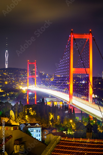 Istanbul. Night view of the city, the Bosphorus Bridge and Bosphorus