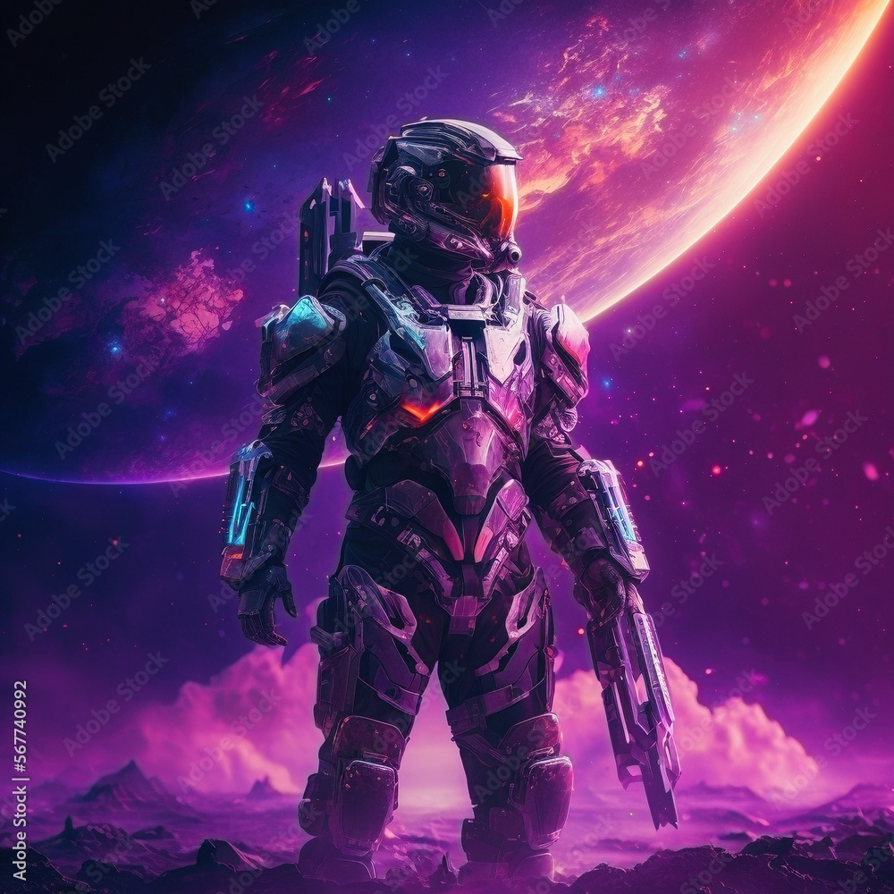 Space soldier on alien planet holding futuristic rifle - AI generated Space soldier on alien planet holding futuristic rifle - AI generated