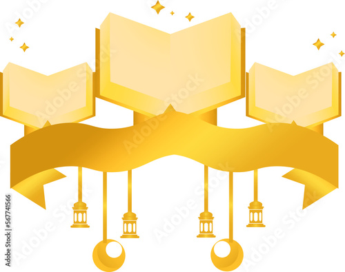 three Korans decorated with yellow chandeliers as a symbol of Eid Al-Fitr
