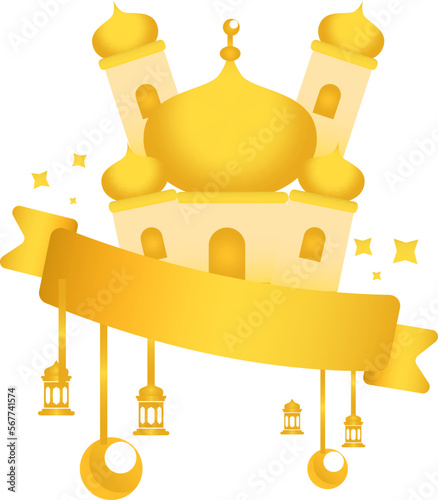 a mosque decorated with yellow chandeliers to celebrate Eid al-Fitr
