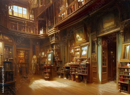 The interior of an old fashioned art shop with paintings hung on walls in ornate frames and assorted objects stacked on shelves . generative ai illustration.