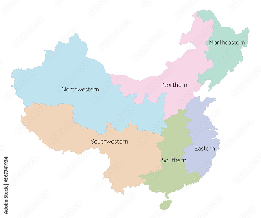 Map of China includes six regions isolated on white background pastel color.