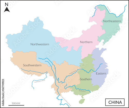 Map of China includes six regions isolated on white background and Lancang (Mekong) River, Amur river, Yangtze river.