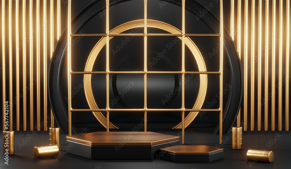 3d render of abstract realistic studio room with Luxury round pedestal stand podium with golden glitter in shape backdrop. Luxury black friday sale scene for product display presentation background