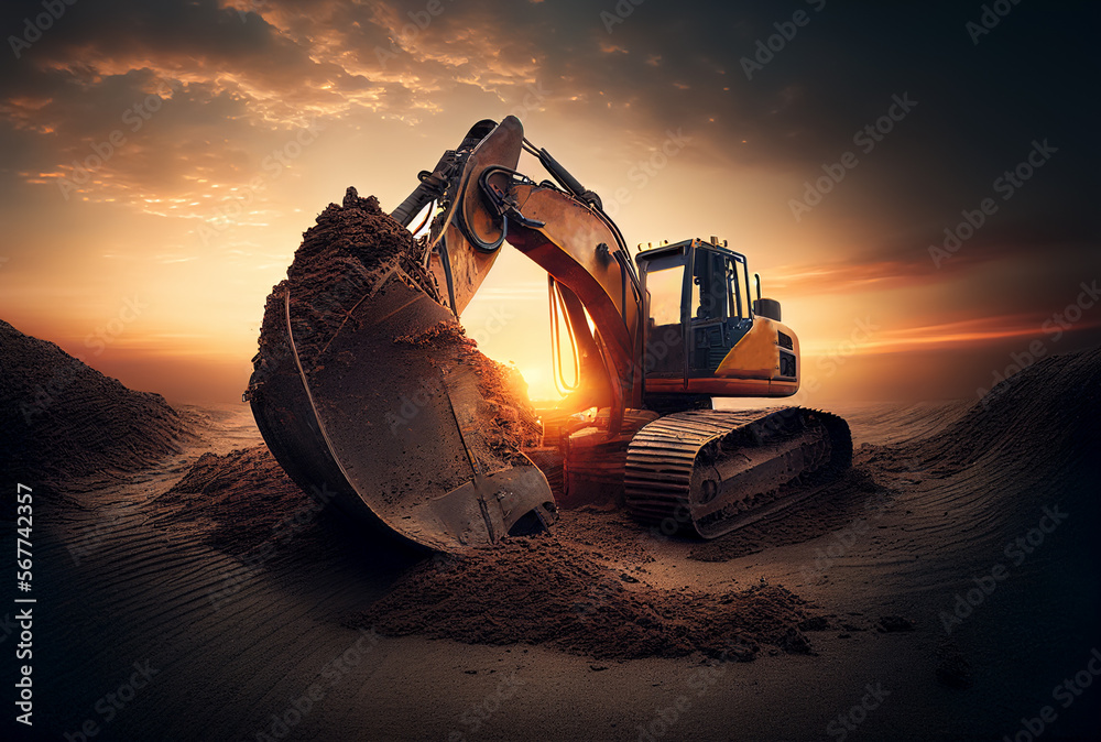 Excavator in opencast on sunset, AI Generative Illustration. Electric ...