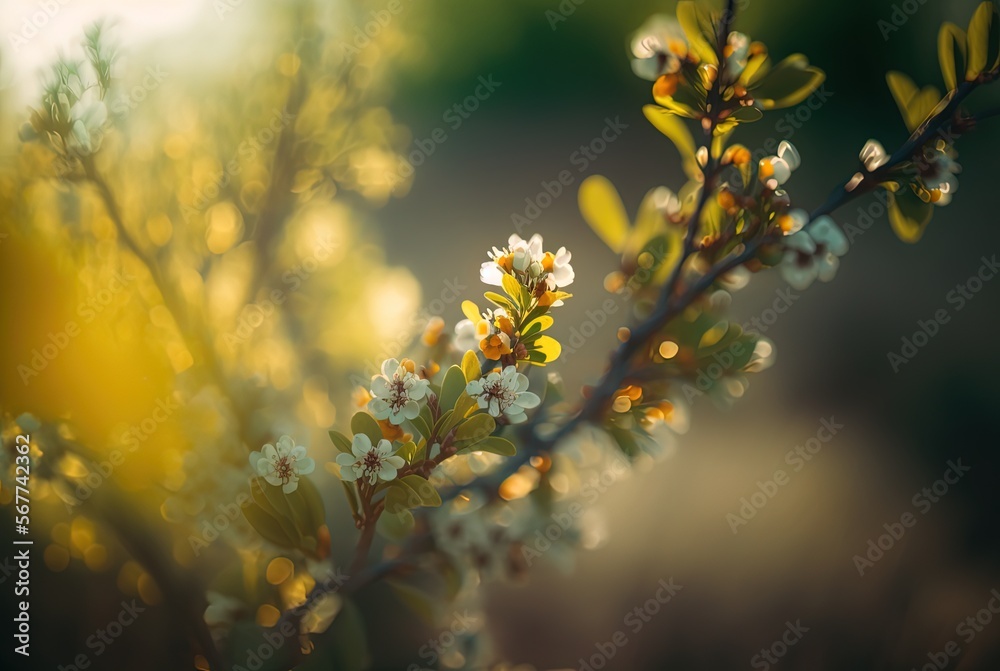 illustration beautiful white flowers blooming with bokeh light , idea for freshness and happiness background or backdrop, Generative Ai