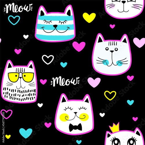 Fashion patch badges in sketch comics style. Abstract seamless pattern. Stickers cats on black background