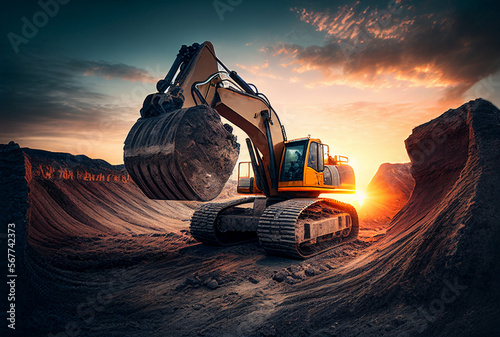 Excavator in opencast on sunset, AI Generative Illustration. Electric EV futuristic excavator in open-pit. Digger with bucket. Electric excavator in a quarry during mining, future concept.
