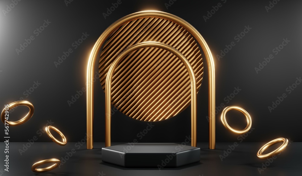 3d render of abstract realistic studio room with Luxury round pedestal stand podium with golden glitter in shape backdrop. Luxury black friday sale scene for product display presentation background 3d render of abstract realistic studio room with Luxury round pedestal stand podium with golden glitter in shape backdrop. Luxury black friday sale scene for product display presentation background