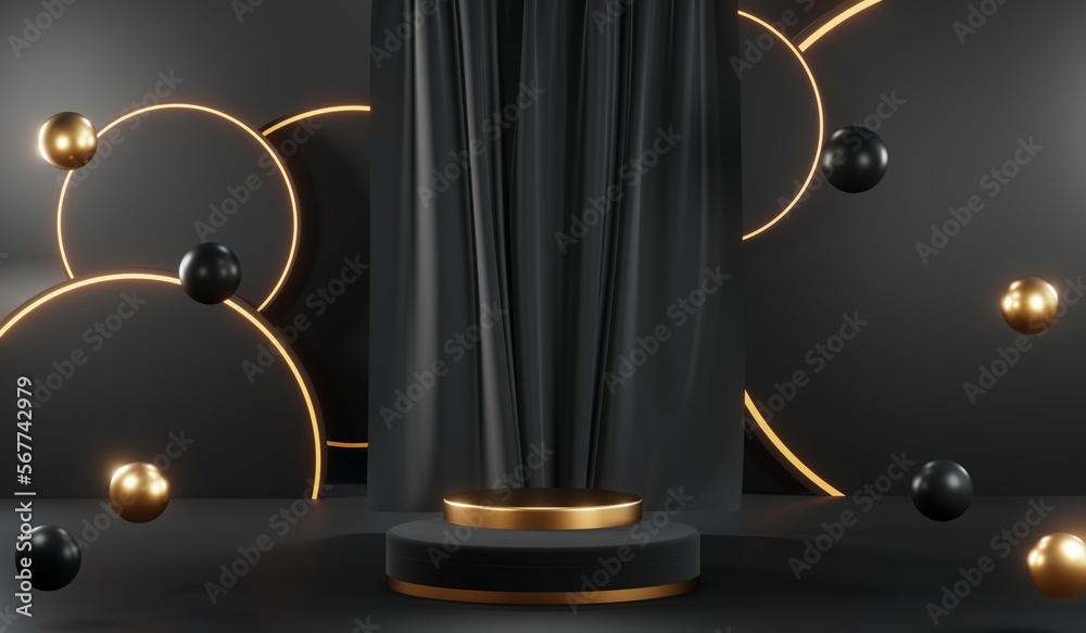 3d render of abstract realistic studio room with Luxury round pedestal stand podium with golden glitter in shape backdrop. Luxury black friday sale scene for product display presentation background 3d render of abstract realistic studio room with Luxury round pedestal stand podium with golden glitter in shape backdrop. Luxury black friday sale scene for product display presentation background