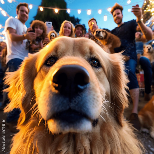 Golden Retriever Dog Influencer In places. In a barbaque party photo