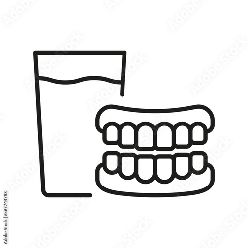 Denture with Glass Line Icon. False Tooth Linear Pictogram. Dental Artificial Tooth. Dentistry Outline Symbol. Dental Medical Treatment Sign. Editable Stroke. Isolated Vector Illustration