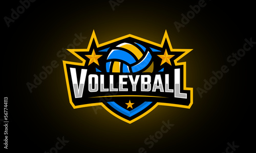 Volleyball sport logo with ball, shield, star, and modern style