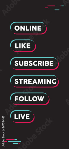 Social media call to action buttons. Streaming live online, follow, like and subscribe. Click here.