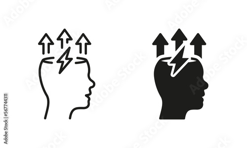 Brain and Lightning Bolt Silhouette and Line Icon Set. Stress, Creative Mind, Headache Pictogram. Creativity Think, Smart Brainstorm Icon. Mental Power. Editable Stroke. Isolated Vector Illustration