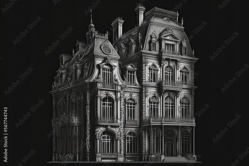 Wall art, wallpaper frame art, painting, line art, architecture, french ancient culture, patriotism, buildings, black, white, grey, AI generated art