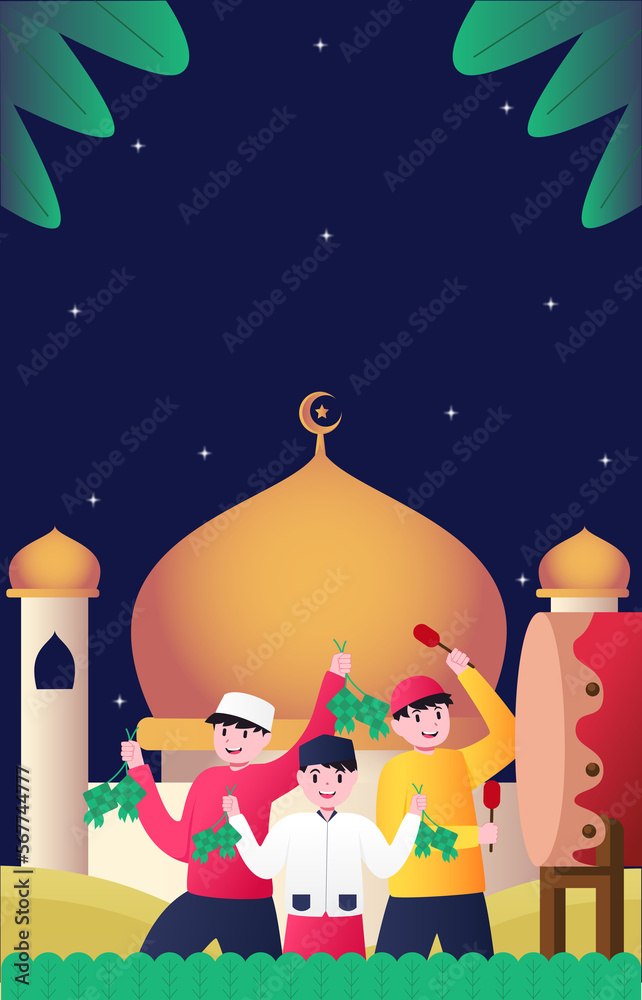 Naklejka premium three men were celebrating Eid al-Fitr by bringing ketupat in front of the mosque equipped with a drum at night 