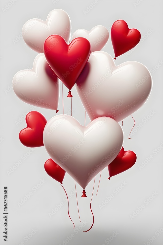 Group of read and white heart balloons. Bunch of red and white color heart shaped balloons. Love. Holiday celebration. Valentine's Day party decoration. Ganerative Ai