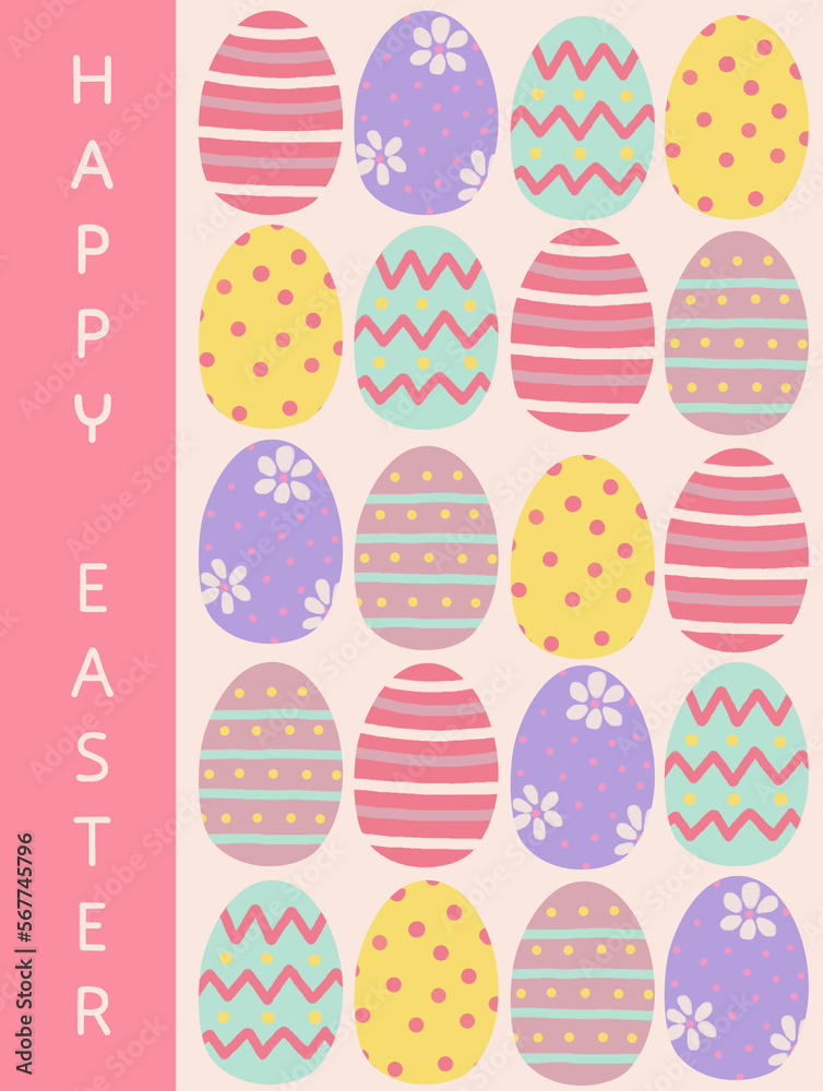 Happy Easter design with colorful Easter eggs pattern on a pastel pink background. Happy Easter design with colorful Easter eggs pattern on a pastel pink background.