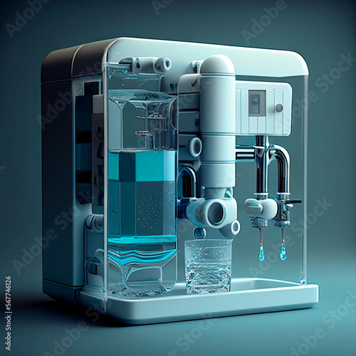 Modern technology water purifier system. New water cooler format. A glass of pouring water. Touch panel with glowing indicator. Technological design.Generative AI