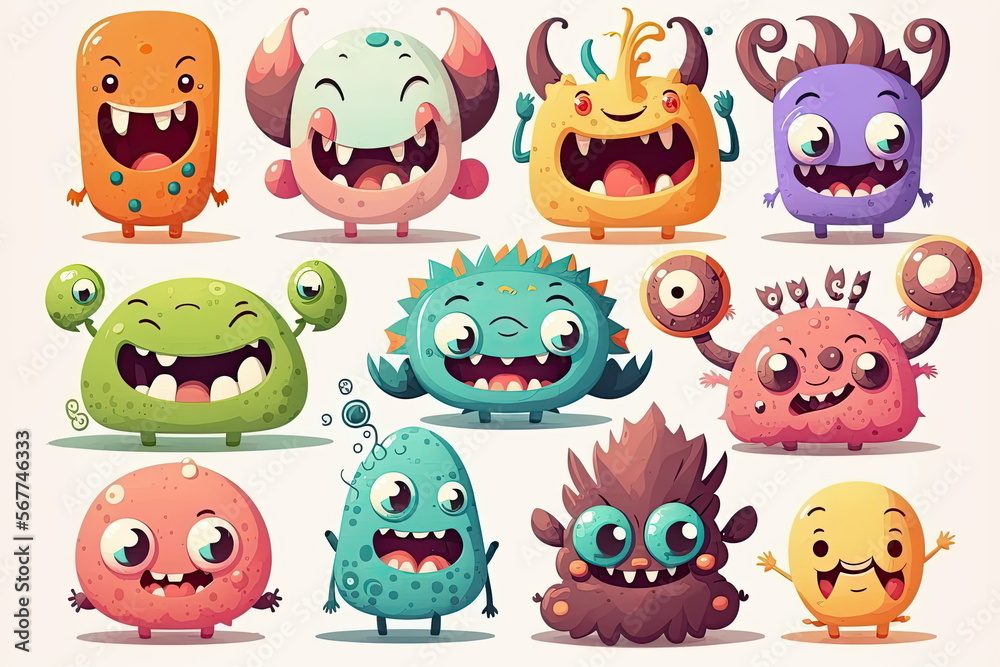 set of cartoon characters,happy and smile, cute monsters, white background, vector illustration, Made by AI,Artificial intelligence set of cartoon characters,happy and smile, cute monsters, white background, vector illustration, Made by AI,Artificial intelligence