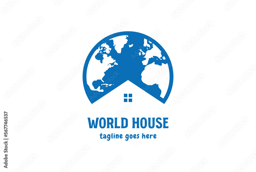World Globe Map with House Roof Logo Design World Globe Map with House Roof Logo Design